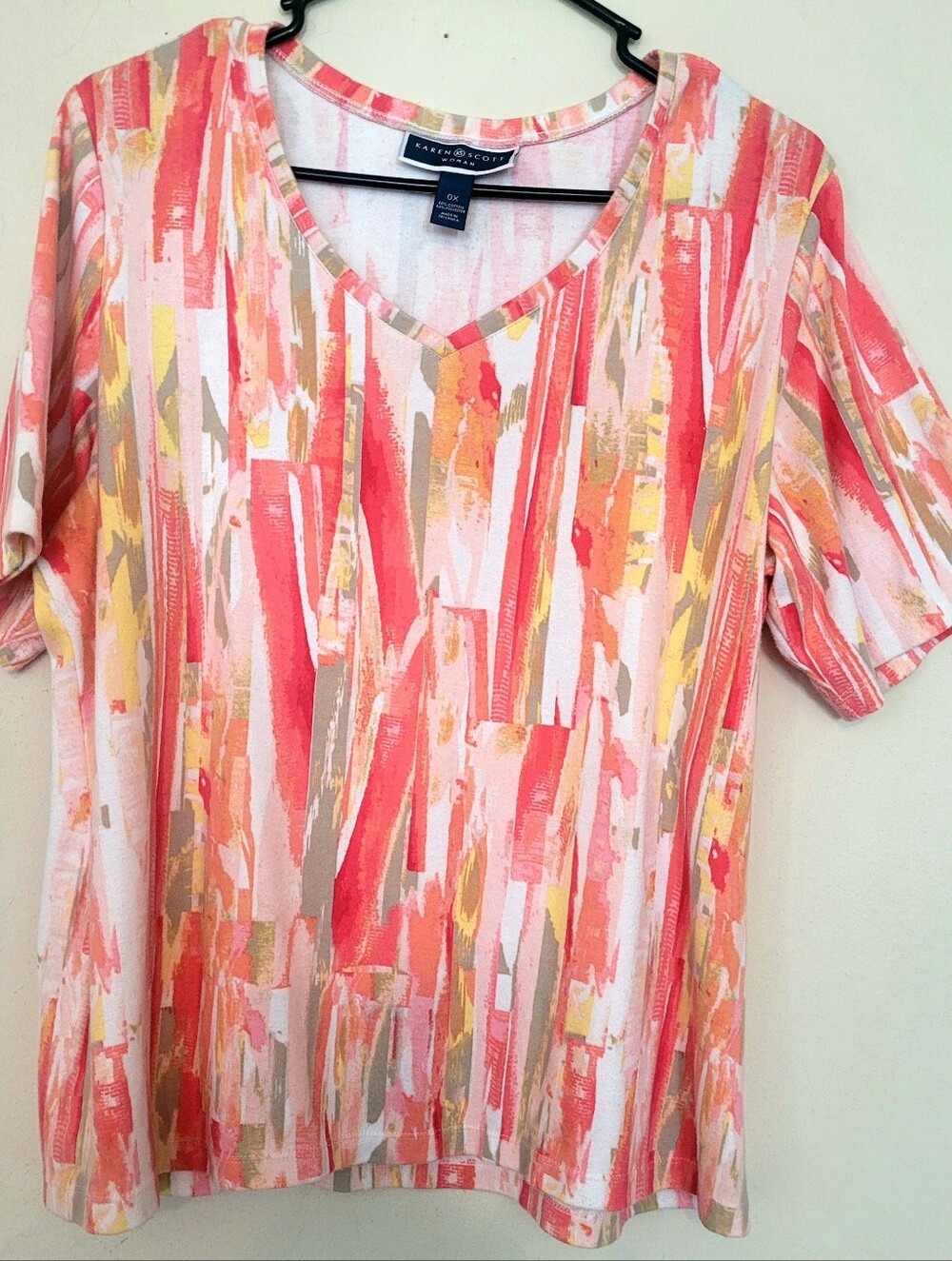 Karen Scott Oranges, Tan & Yellow Abstract Brushstroke V-Neck Tee